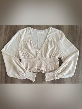Urban Outfitters Cream Smocked Waist Button Front Crop Top Blouse Size S